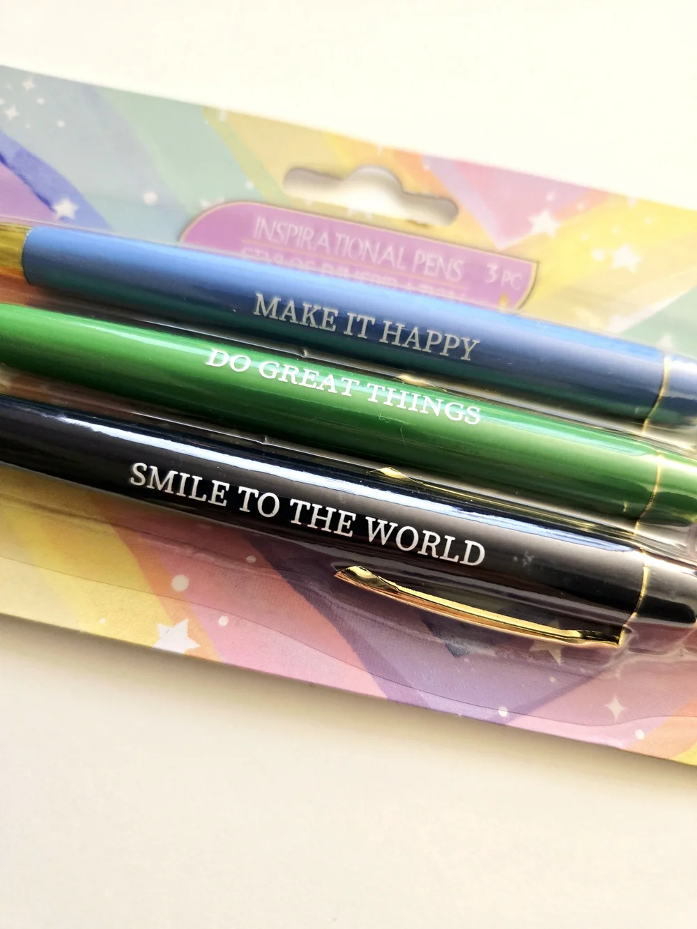 3PC Inspirational Pens Set Motivational Quotes Blue Green Black Office School